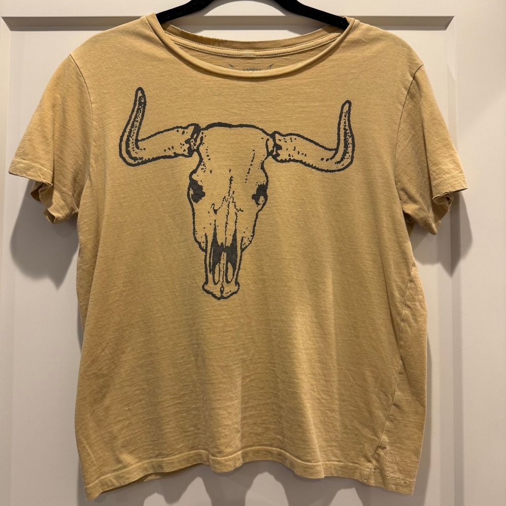Western Cowboy Longhorn Skull Graphic Tee Bandit Brand Tan Organic Cotton Small